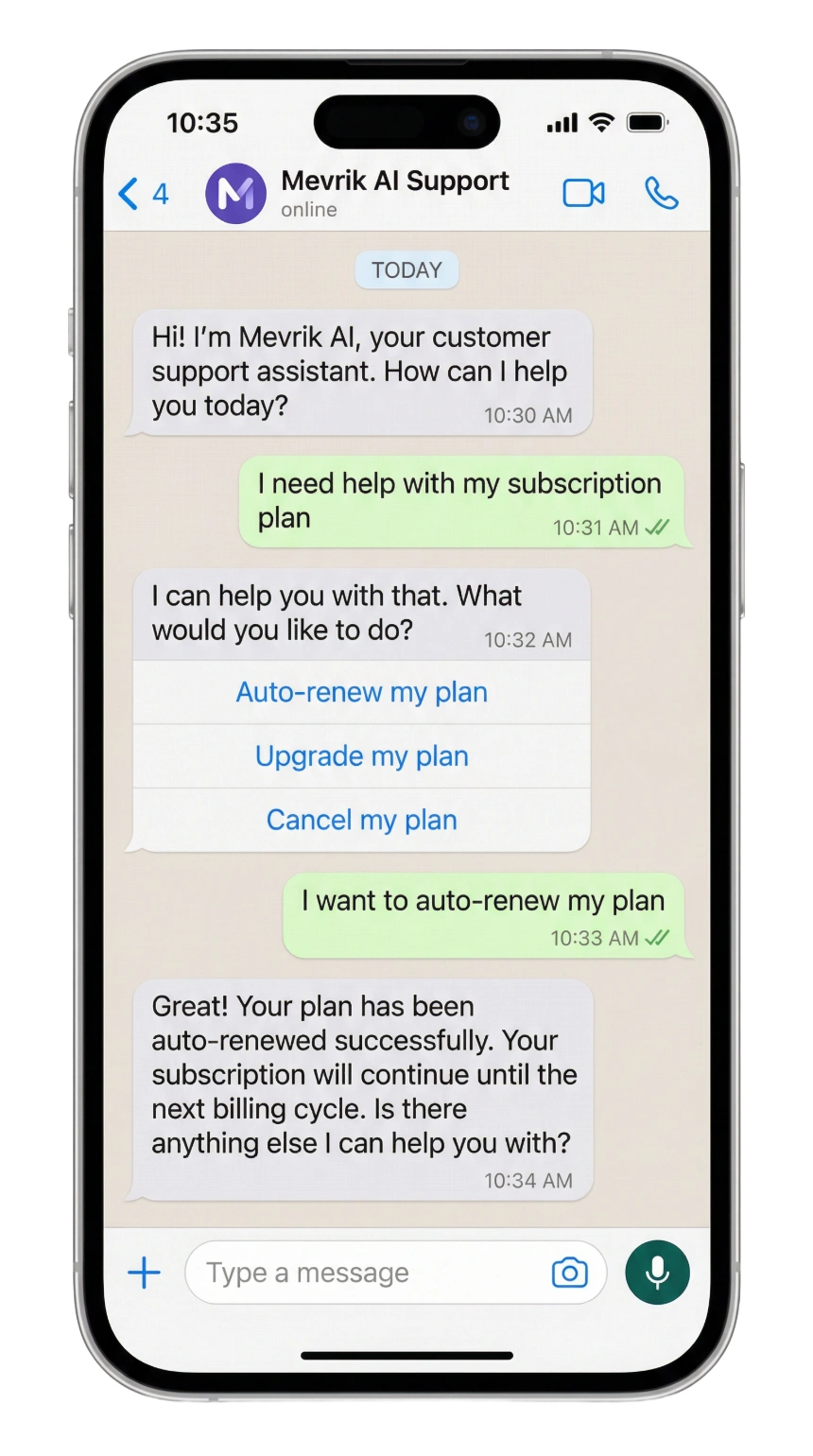 WhatsApp Business chat powered by Omazy AI — showing automated customer support conversation